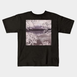 Sakura blooming trees Fuji mountain watercolor illustration Cherry blossom on water landscape Kids T-Shirt